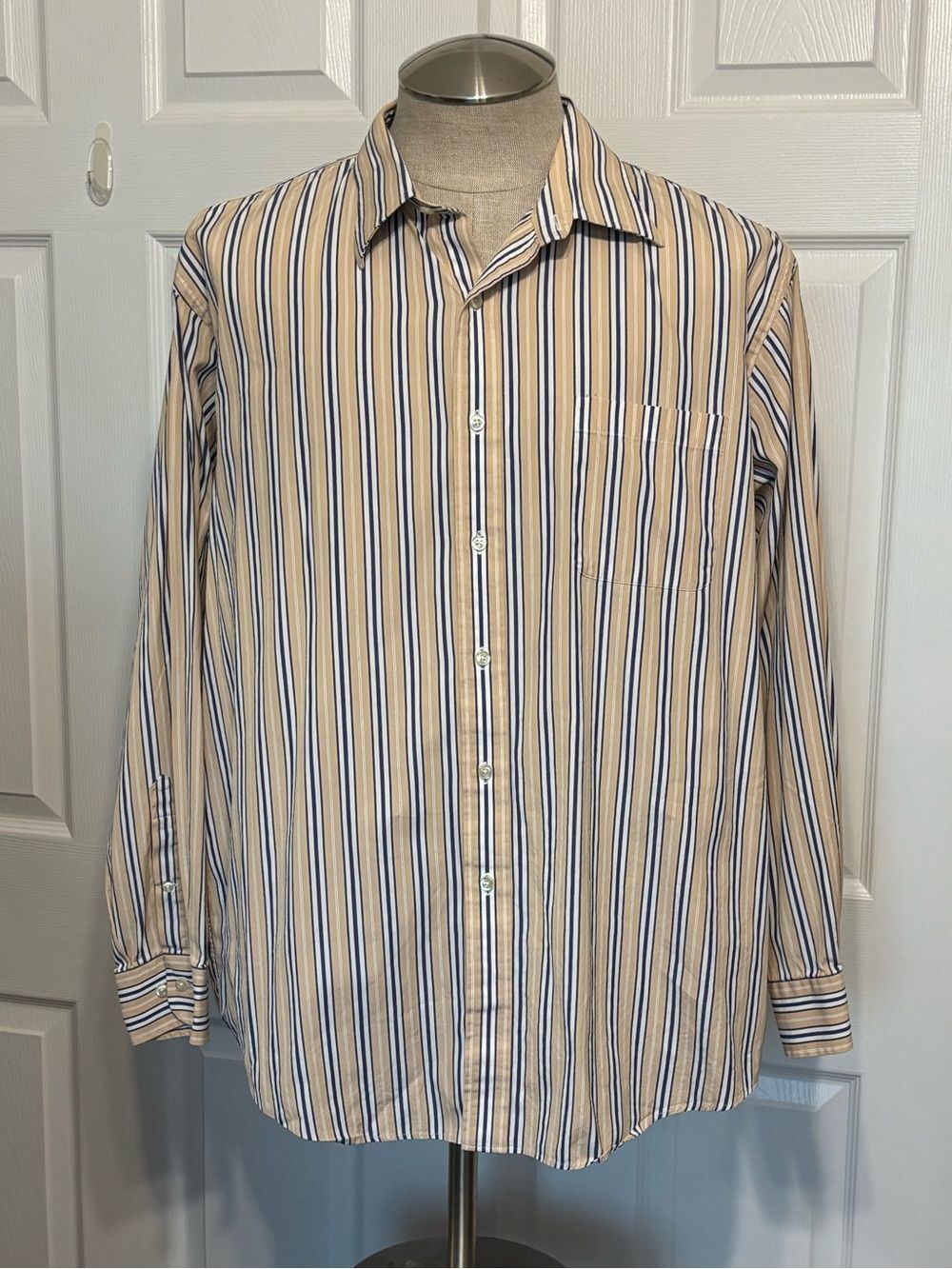 Lands’ End Men’s Tan Navy Blue Striped Button Down Shirt 17.5” Neck 34/35 Sleeve